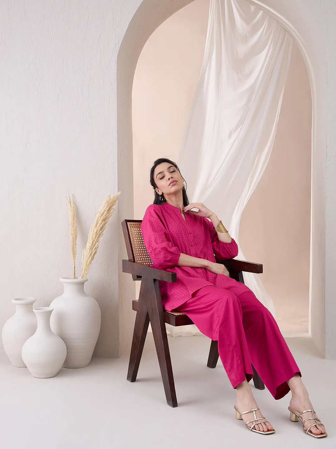 Pink Button Down Cotton Dobby Tunic With Straight Pant