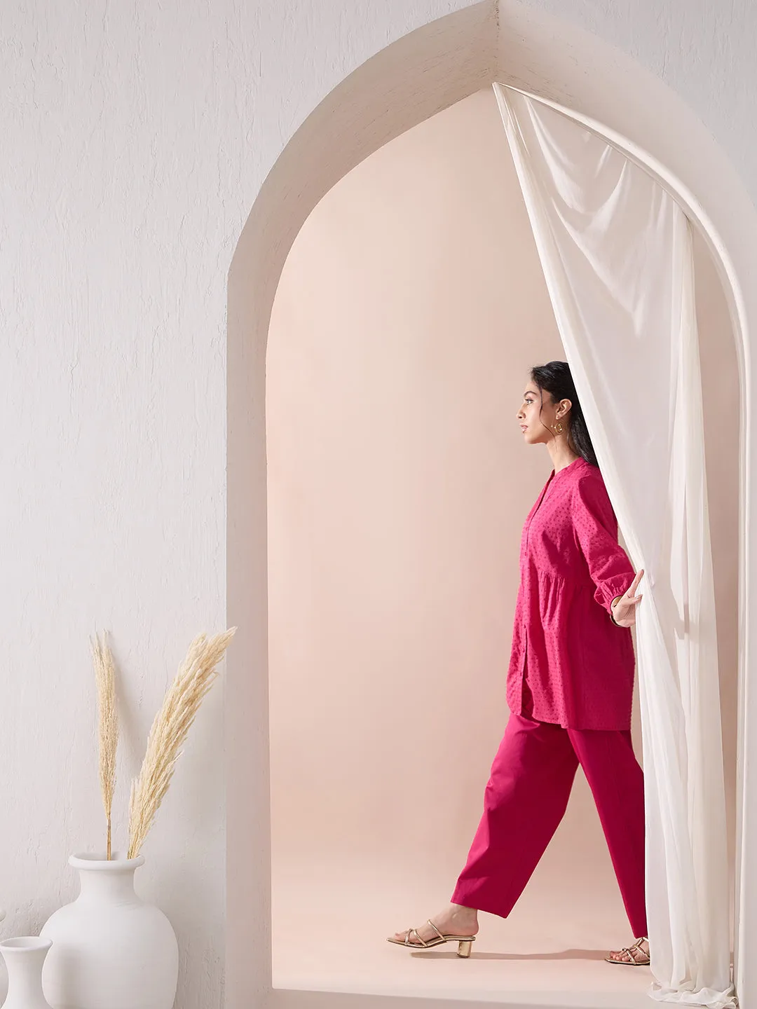Pink Button Down Cotton Dobby Tunic With Straight Pant