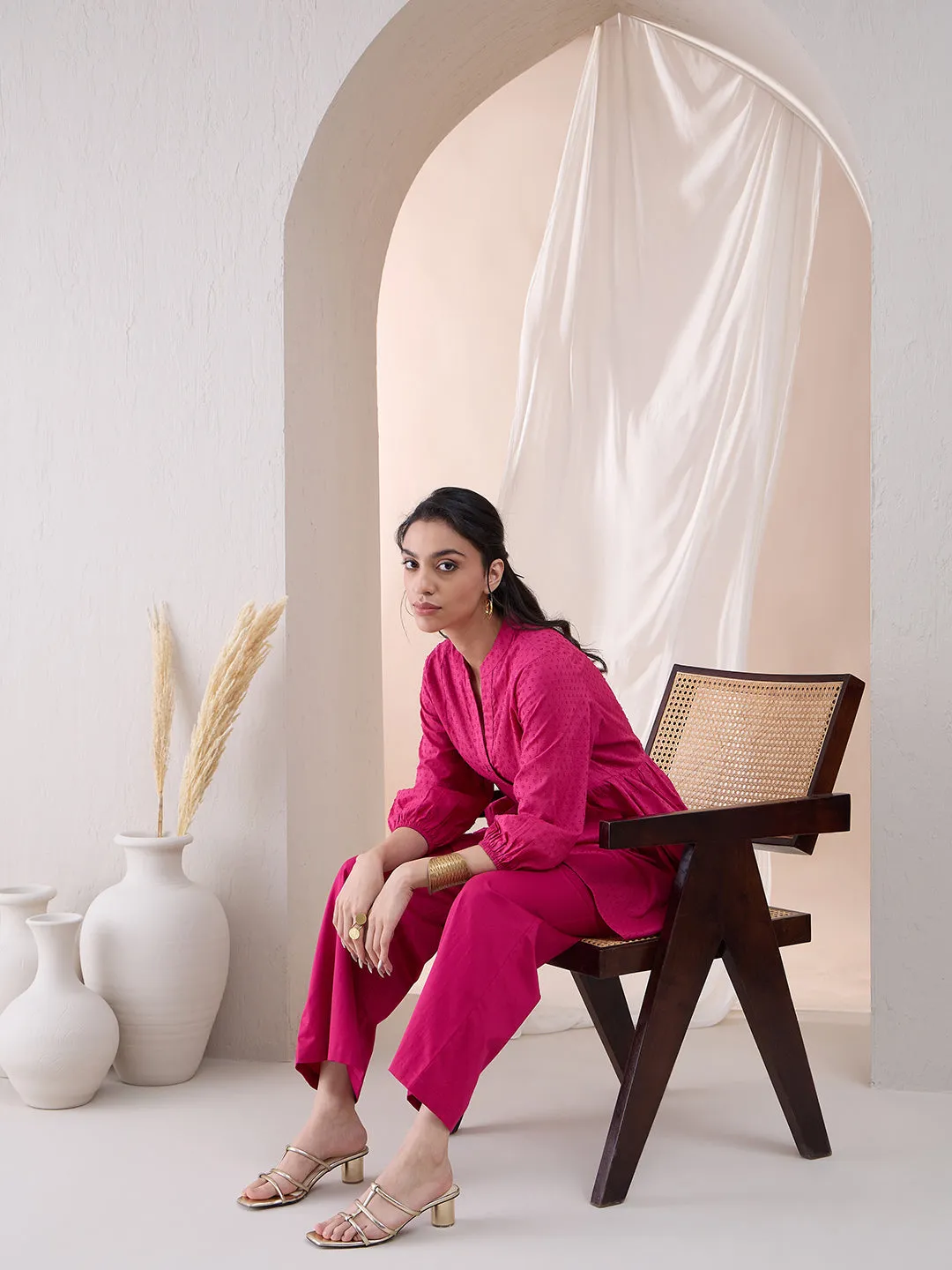 Pink Button Down Cotton Dobby Tunic With Straight Pant