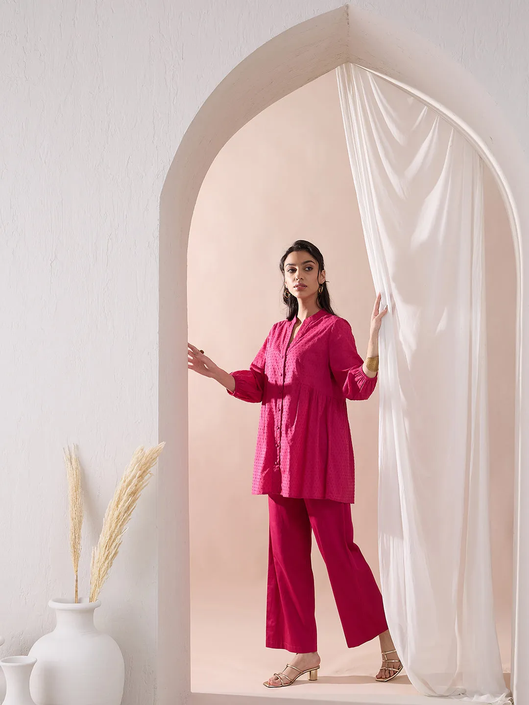 Pink Button Down Cotton Dobby Tunic With Straight Pant