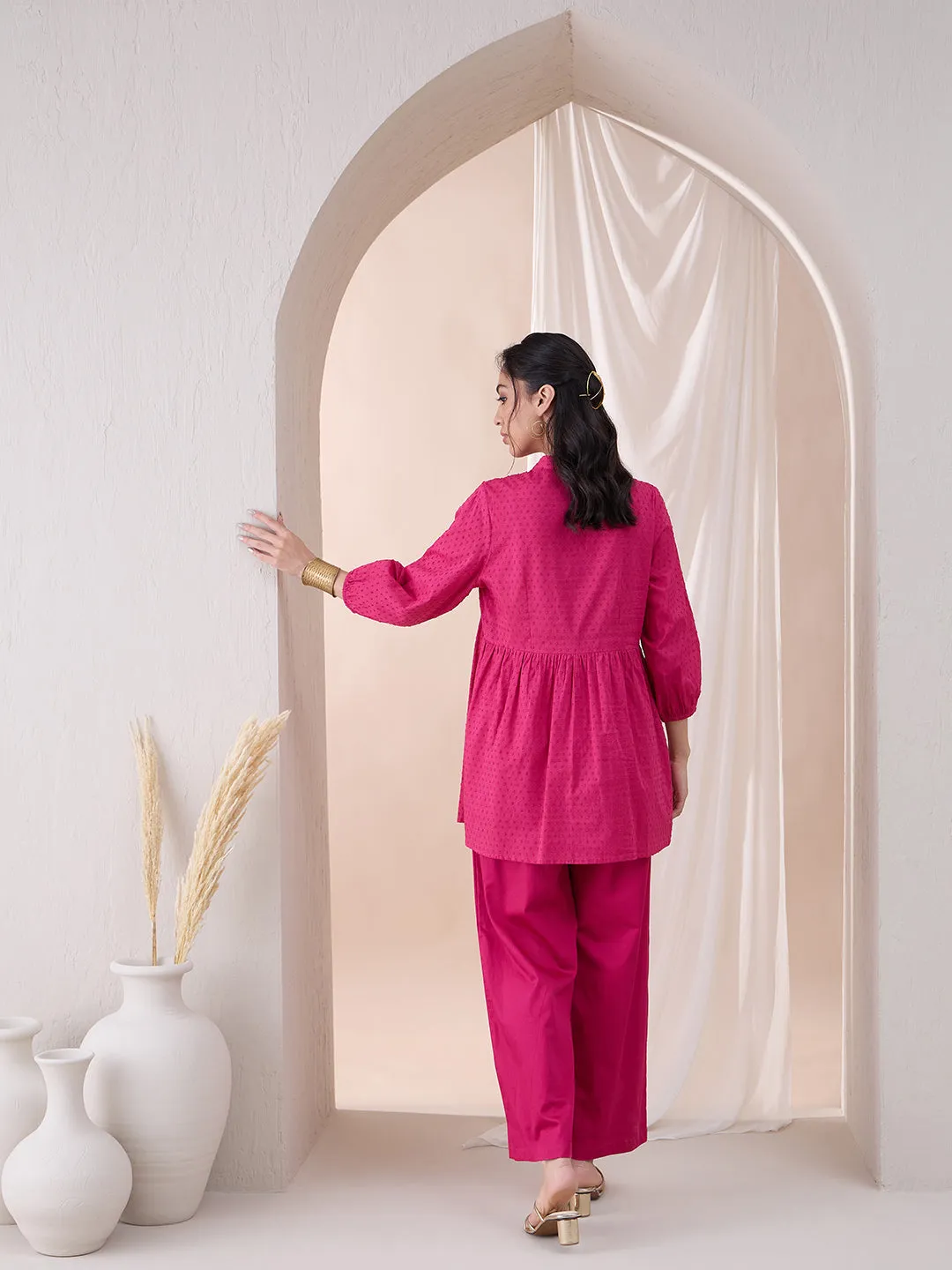 Pink Button Down Cotton Dobby Tunic With Straight Pant