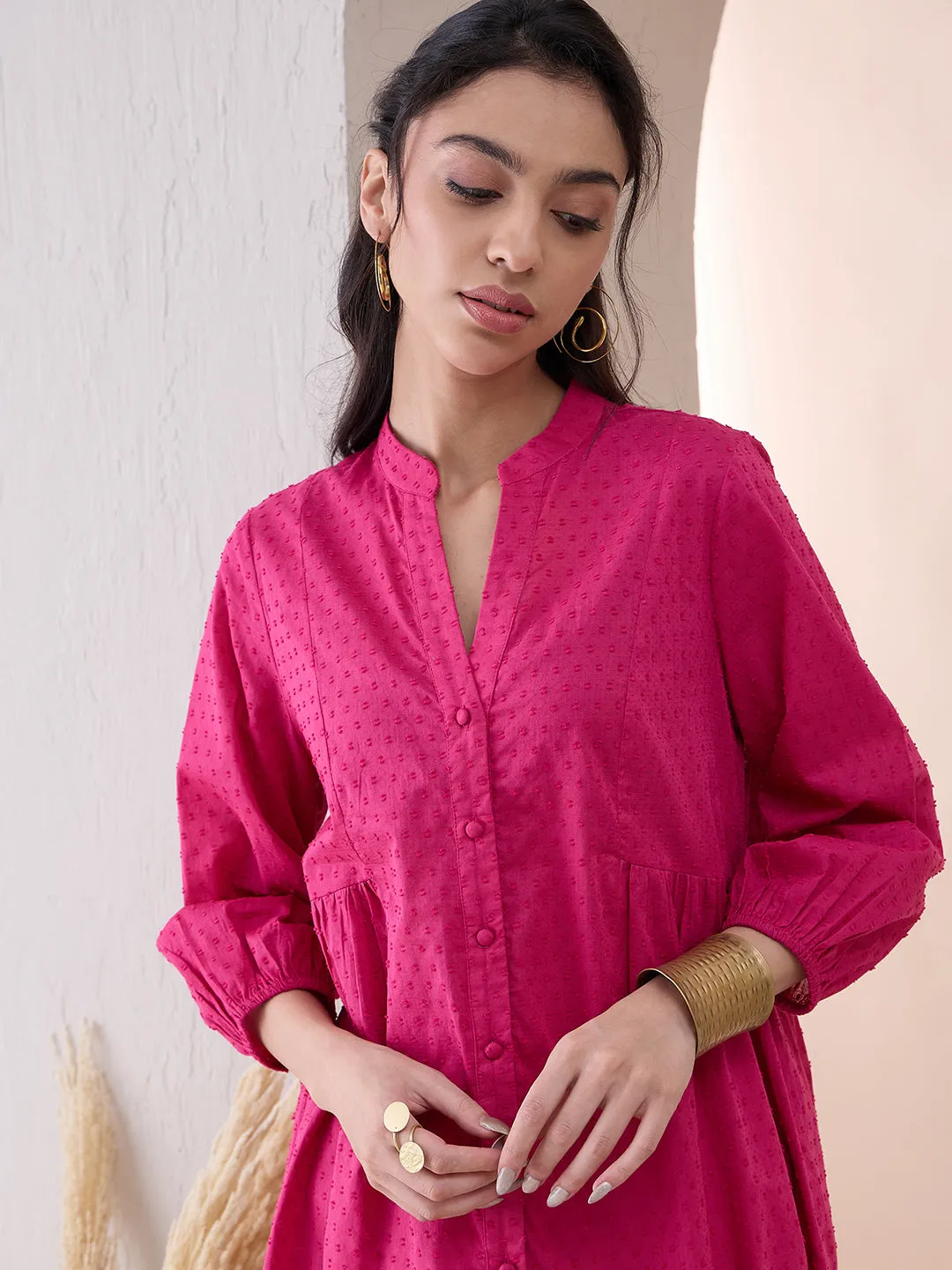 Pink Button Down Cotton Dobby Tunic With Straight Pant