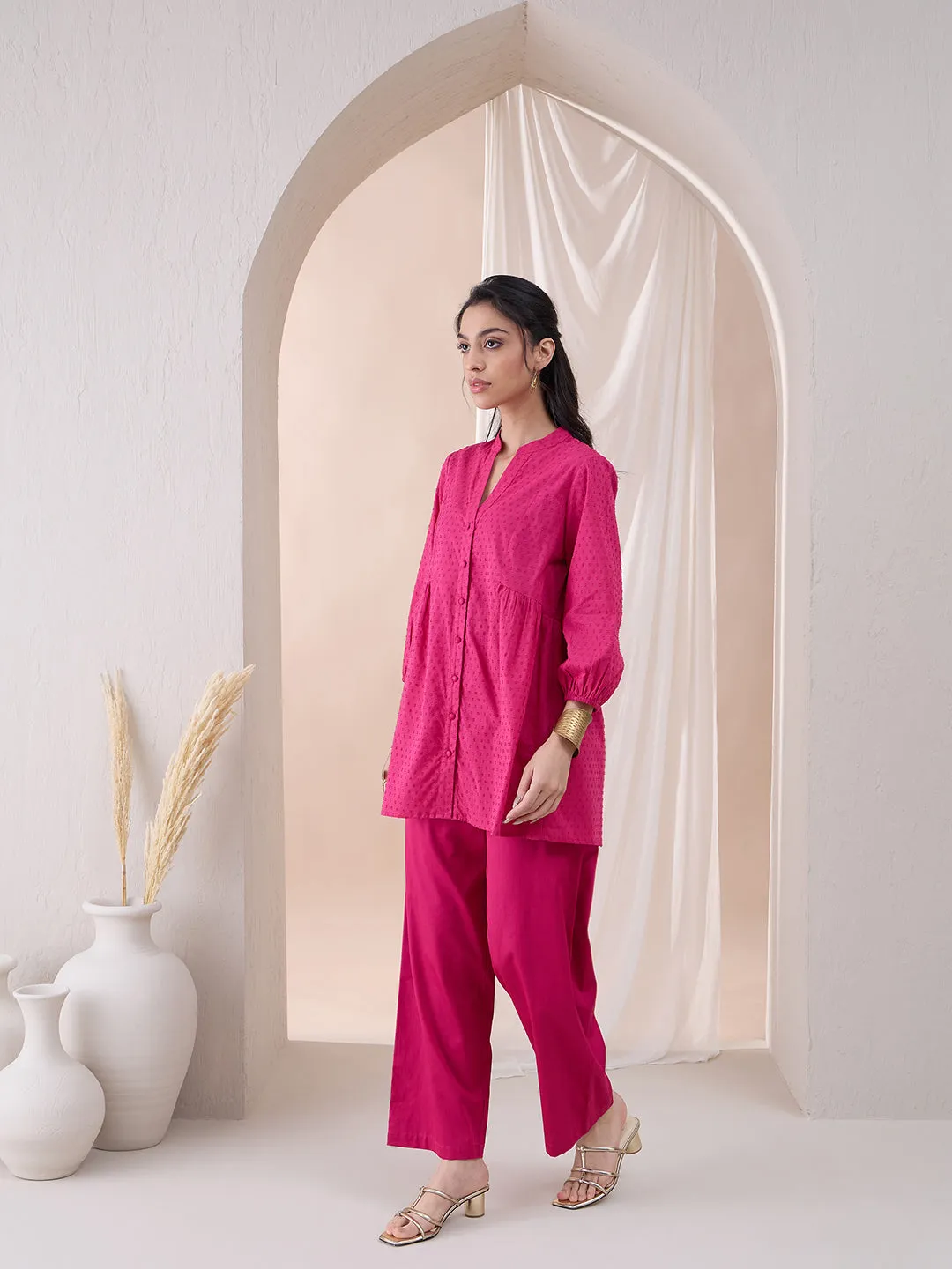 Pink Button Down Cotton Dobby Tunic With Straight Pant