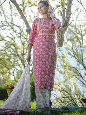 Pink Ethnic Print Straight Cotton Kurta With Palazzos & Dupatta