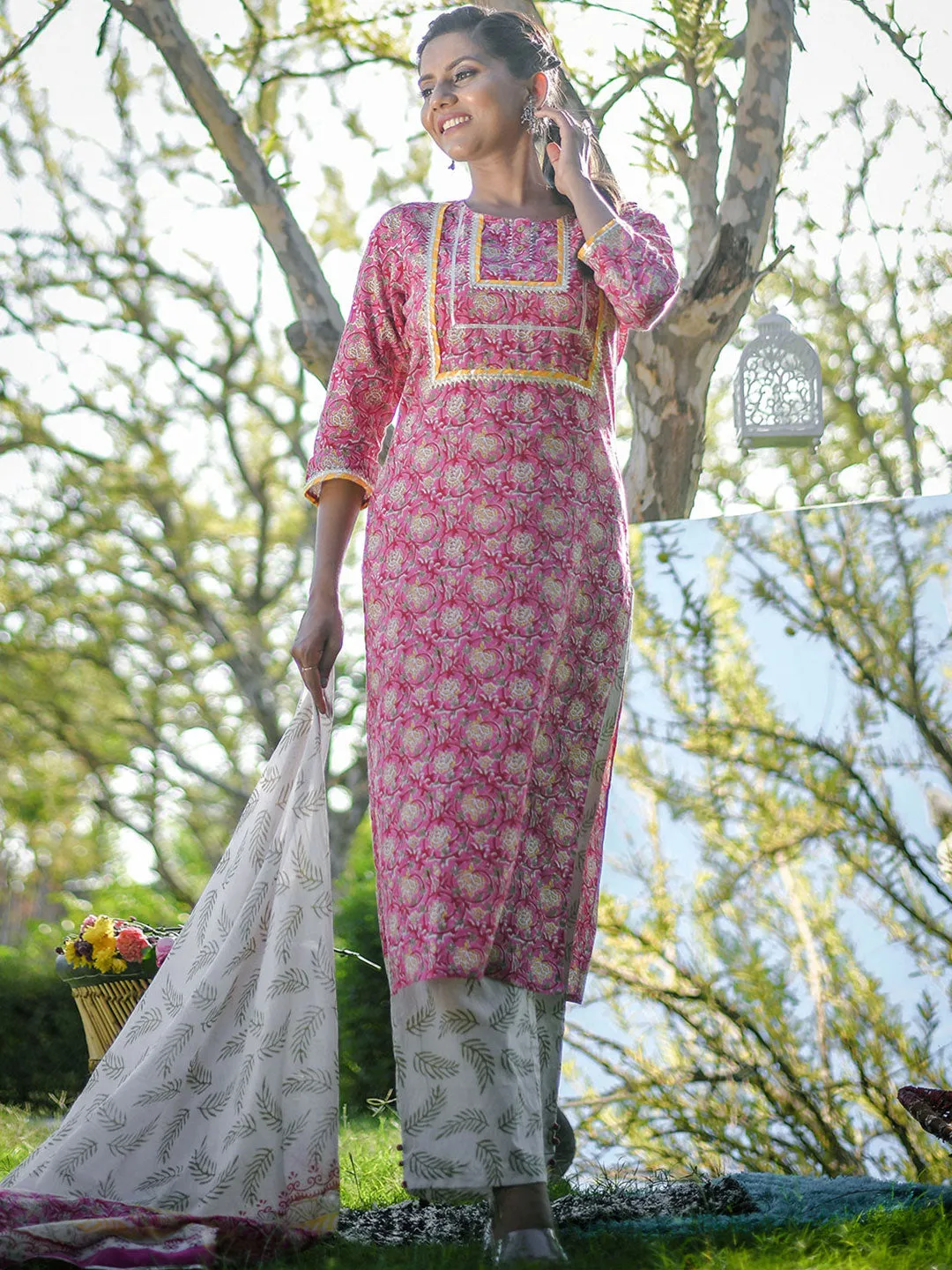 Pink Ethnic Print Straight Cotton Kurta With Palazzos & Dupatta