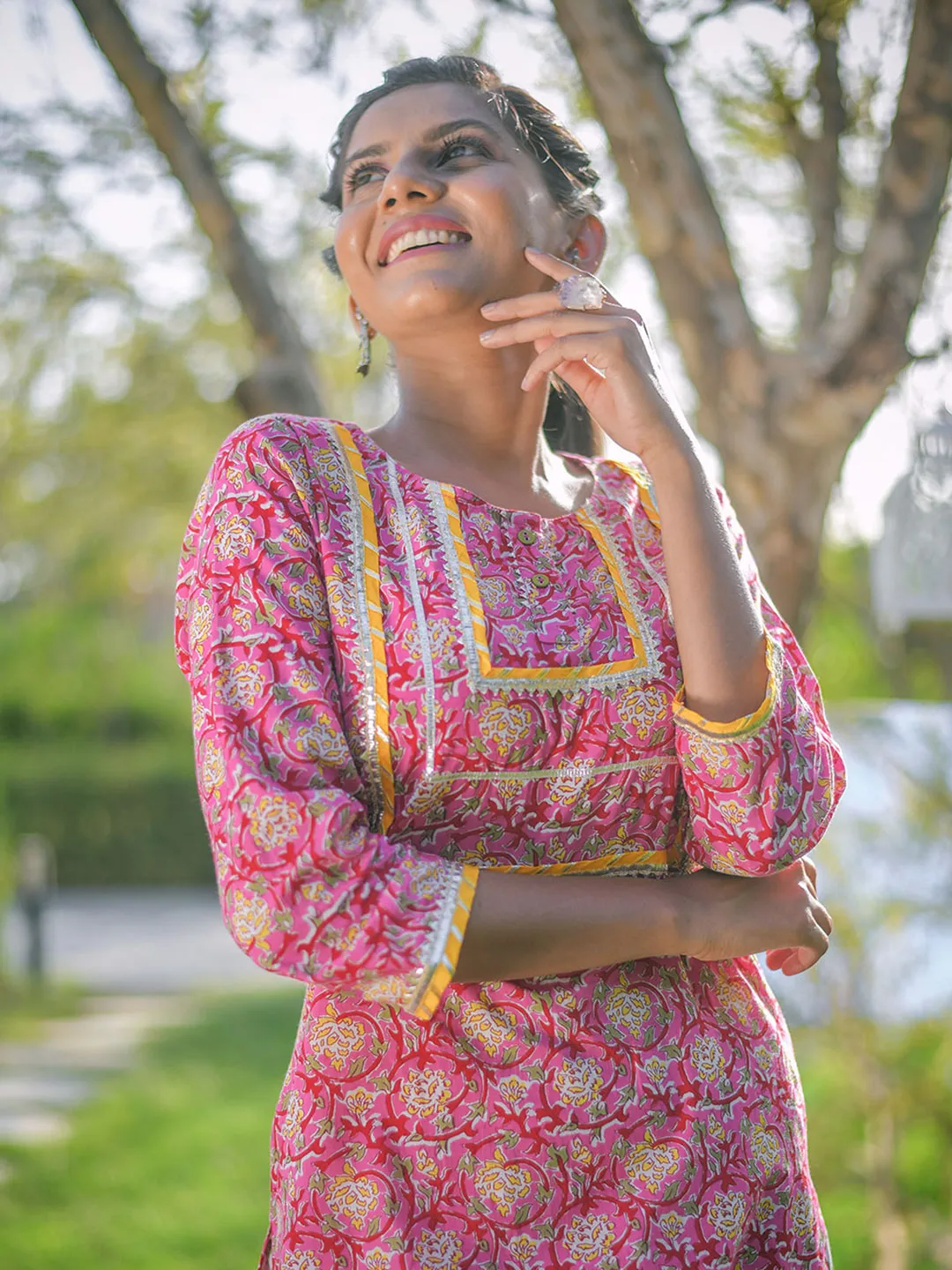 Pink Ethnic Print Straight Cotton Kurta With Palazzos & Dupatta