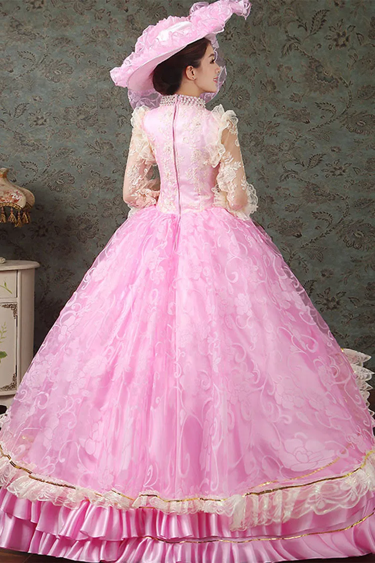 Pink Half Sleeves Lace Stitching High Waisted Hollow Embroidery Floral Print Ruffled Multi-Layer Victorian Lolita Prom Dress