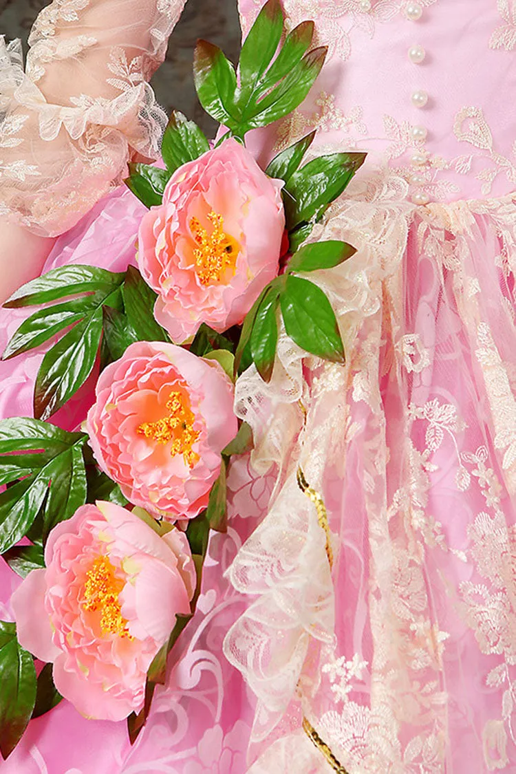 Pink Half Sleeves Lace Stitching High Waisted Hollow Embroidery Floral Print Ruffled Multi-Layer Victorian Lolita Prom Dress