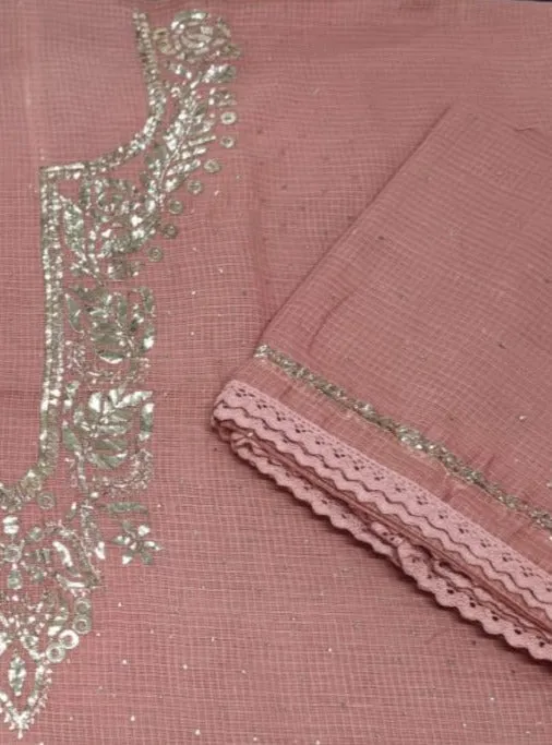 Pink Kota Silk Chinkari Salwar Suit unstitched fabric