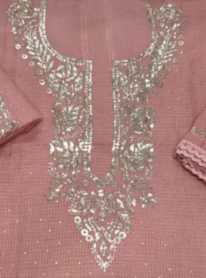 Pink Kota Silk Chinkari Salwar Suit unstitched fabric