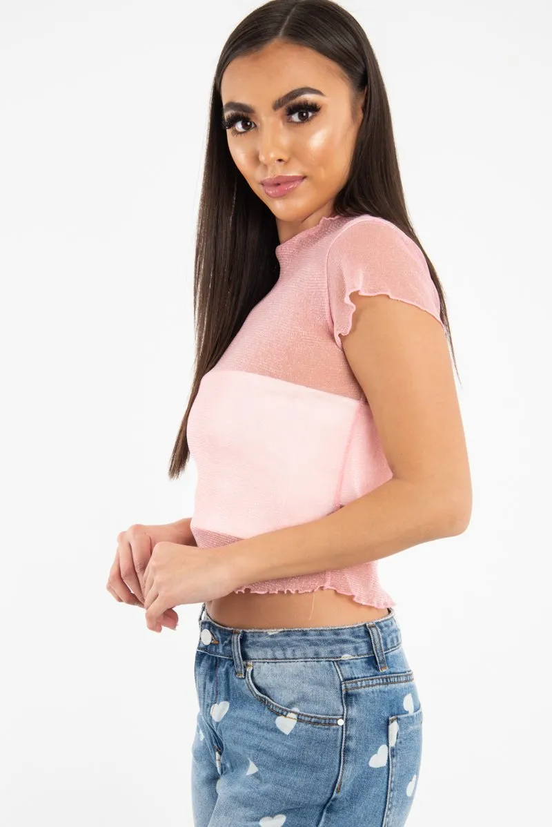 Pink Mesh Glitter Crop Top - Kiah