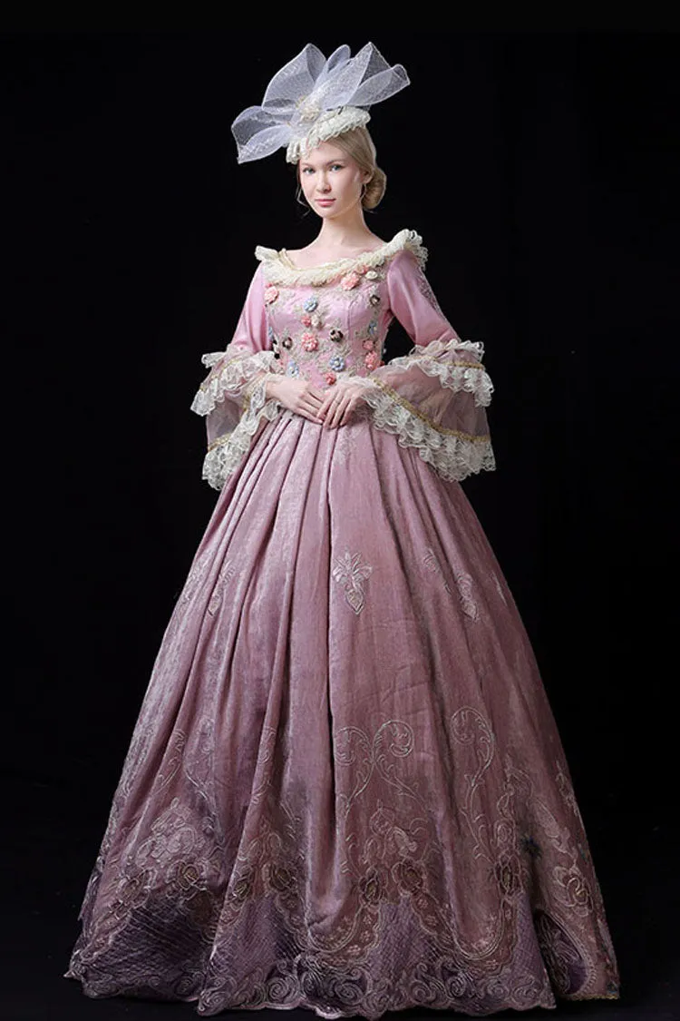 Pink Multi-Layer Trumpet Sleeves High Waisted Three Dimensional Flower Hollow Embroidery Print Victorian Lolita Prom Dress