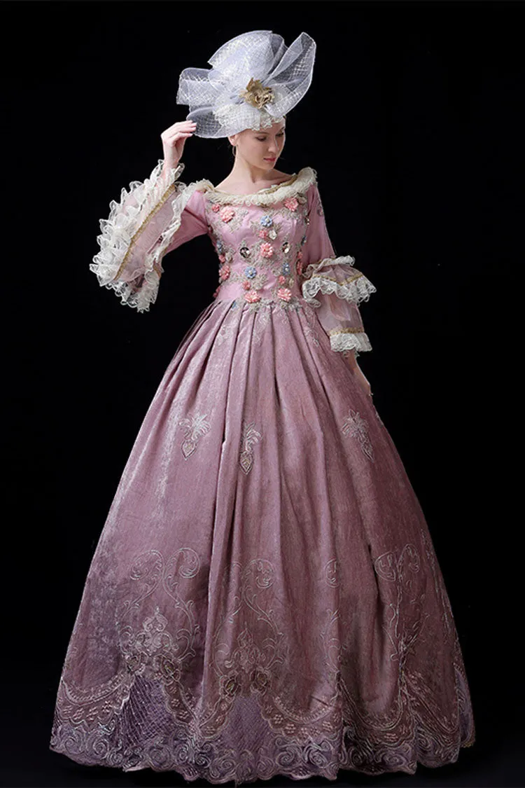 Pink Multi-Layer Trumpet Sleeves High Waisted Three Dimensional Flower Hollow Embroidery Print Victorian Lolita Prom Dress