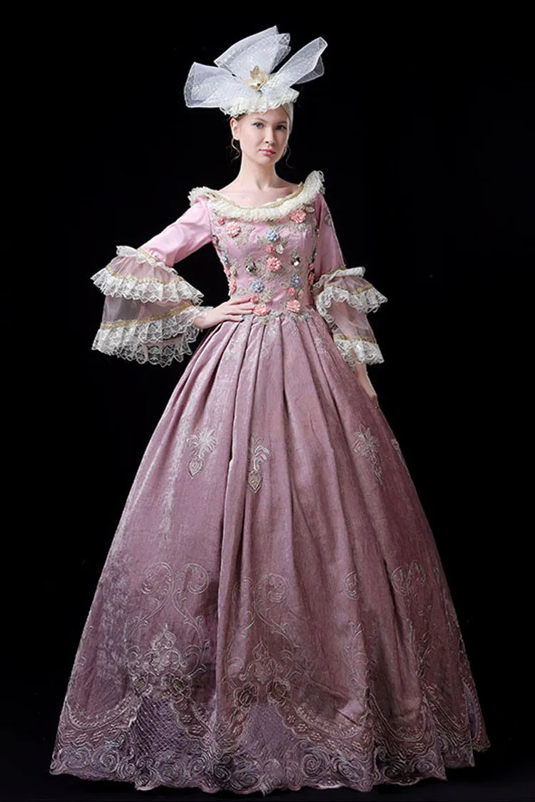 Pink Multi-Layer Trumpet Sleeves High Waisted Three Dimensional Flower Hollow Embroidery Print Victorian Lolita Prom Dress