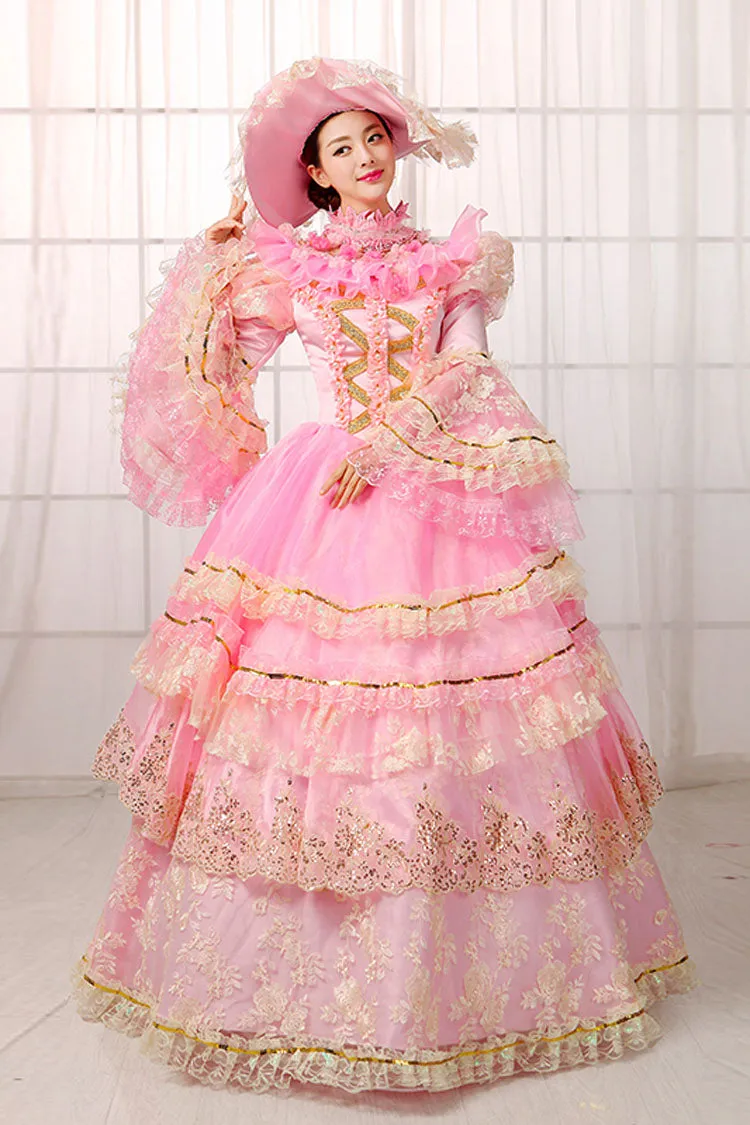 Pink Trumpet Sleeves High Waisted Hollow Embroidery Print Multi-Layer Victorian Lolita Prom Dress