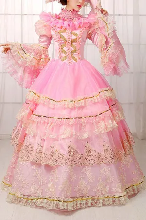 Pink Trumpet Sleeves High Waisted Hollow Embroidery Print Multi-Layer Victorian Lolita Prom Dress