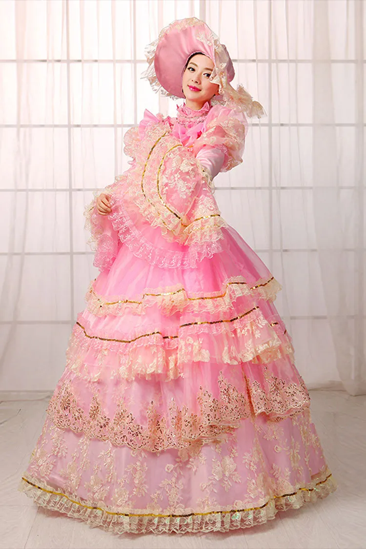 Pink Trumpet Sleeves High Waisted Hollow Embroidery Print Multi-Layer Victorian Lolita Prom Dress
