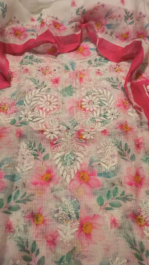 Pink-White Everyday Cotton Chikankari Kurti Set fabric