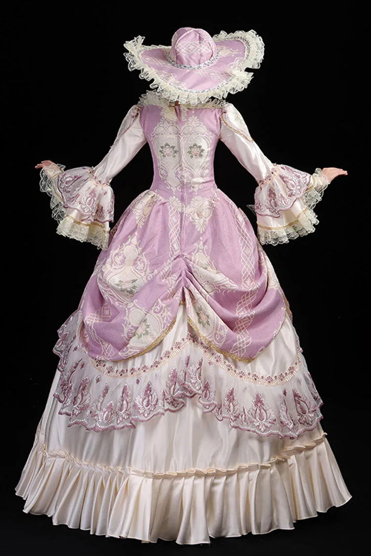 Pink/Champagne Trumpet Sleeves High Waisted Ruffled Multi-Layer Hollow Embroidery Print Victorian Lolita Prom Dress