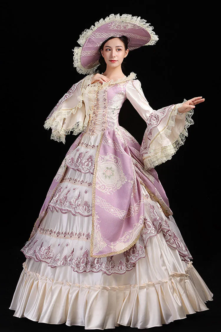 Pink/Champagne Trumpet Sleeves High Waisted Ruffled Multi-Layer Hollow Embroidery Print Victorian Lolita Prom Dress