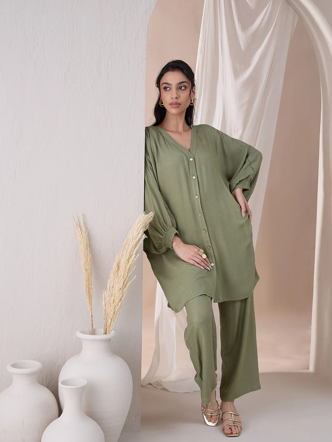 Pista Green Button Down Tunic With Straight Pant