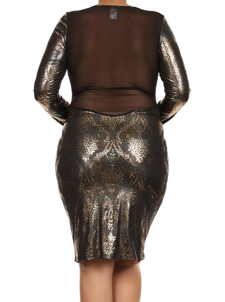 Plus Size Slick Victorian Print Mesh Gold Dress