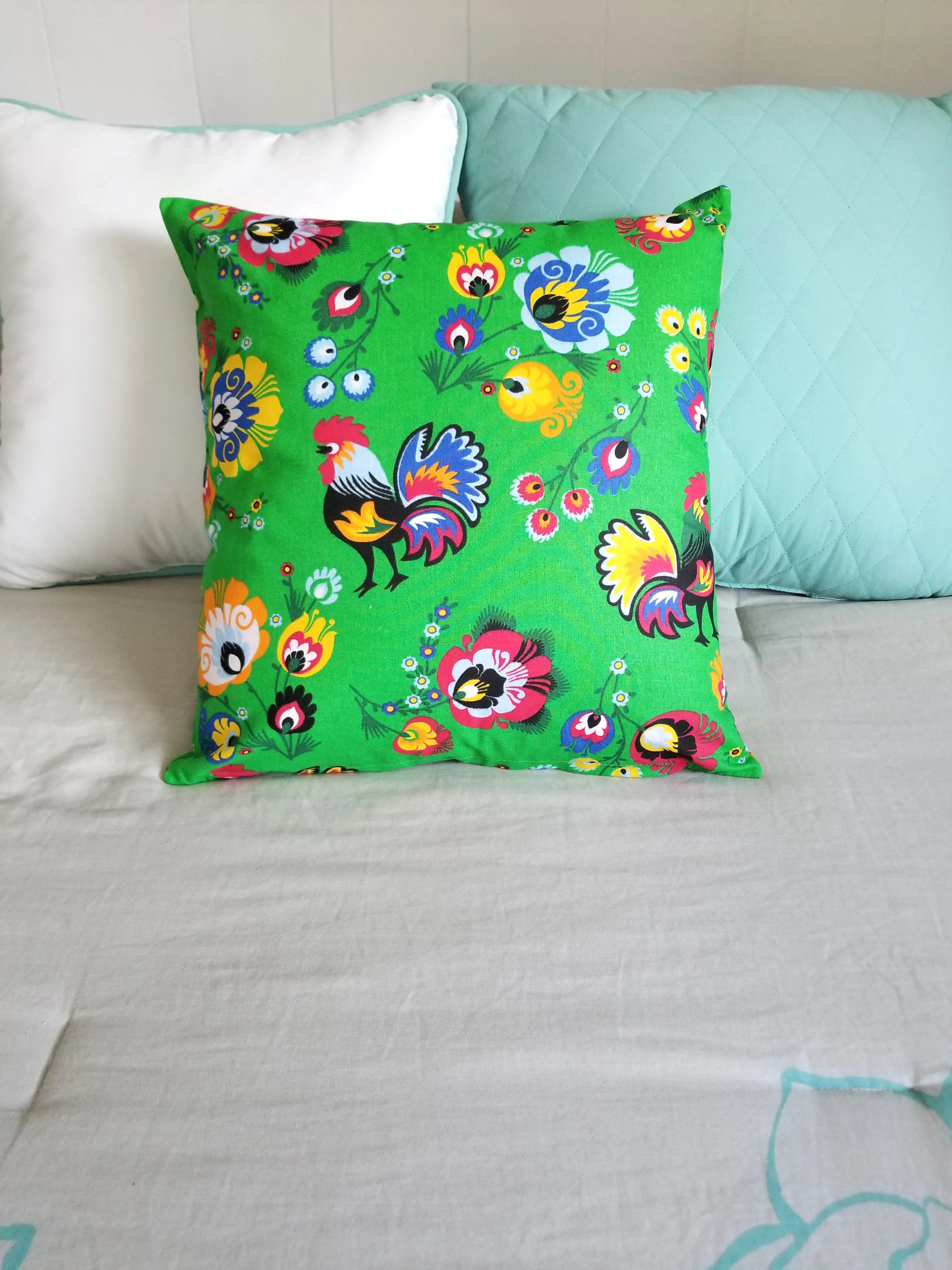 Polish Lowicz Roosters Folk Art Accent Pillow Case