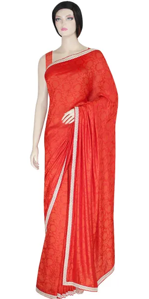 Pre-Stitched Red Viscose Silk Sari with Crochet Border