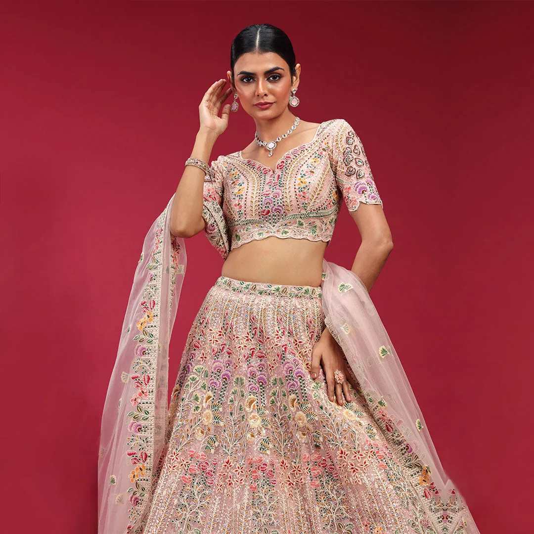 Pretty Baby Pink Lehenga Set Enriched with Multi Colour Embroidery