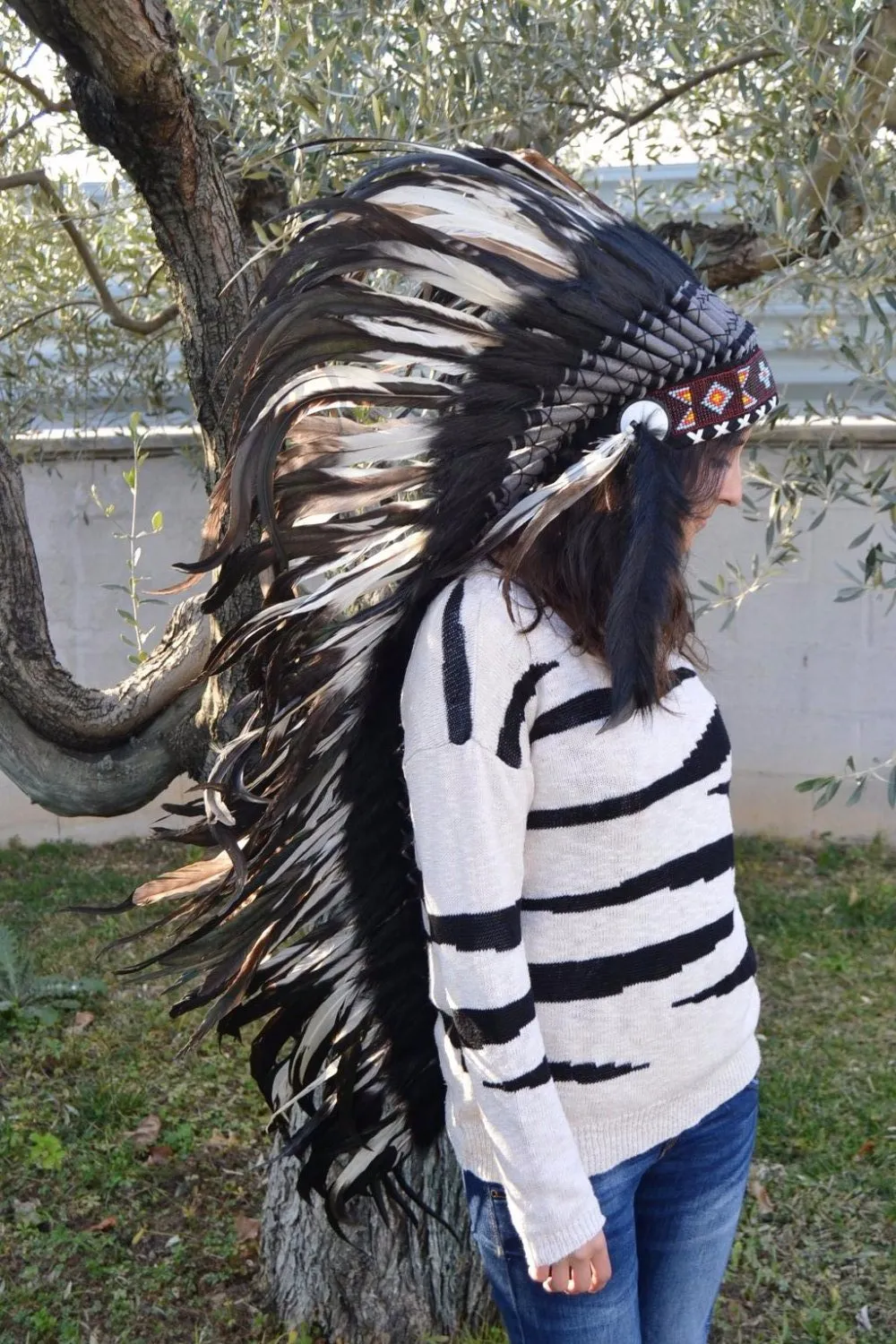 PRICE REDUCED E12- Extra Large White  Feather Headdress (43  inch long )/ war bonnet