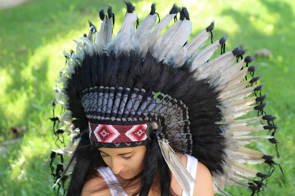 PRICE REDUCED N74- Medium Grey Headdress, native american Style warbonnet