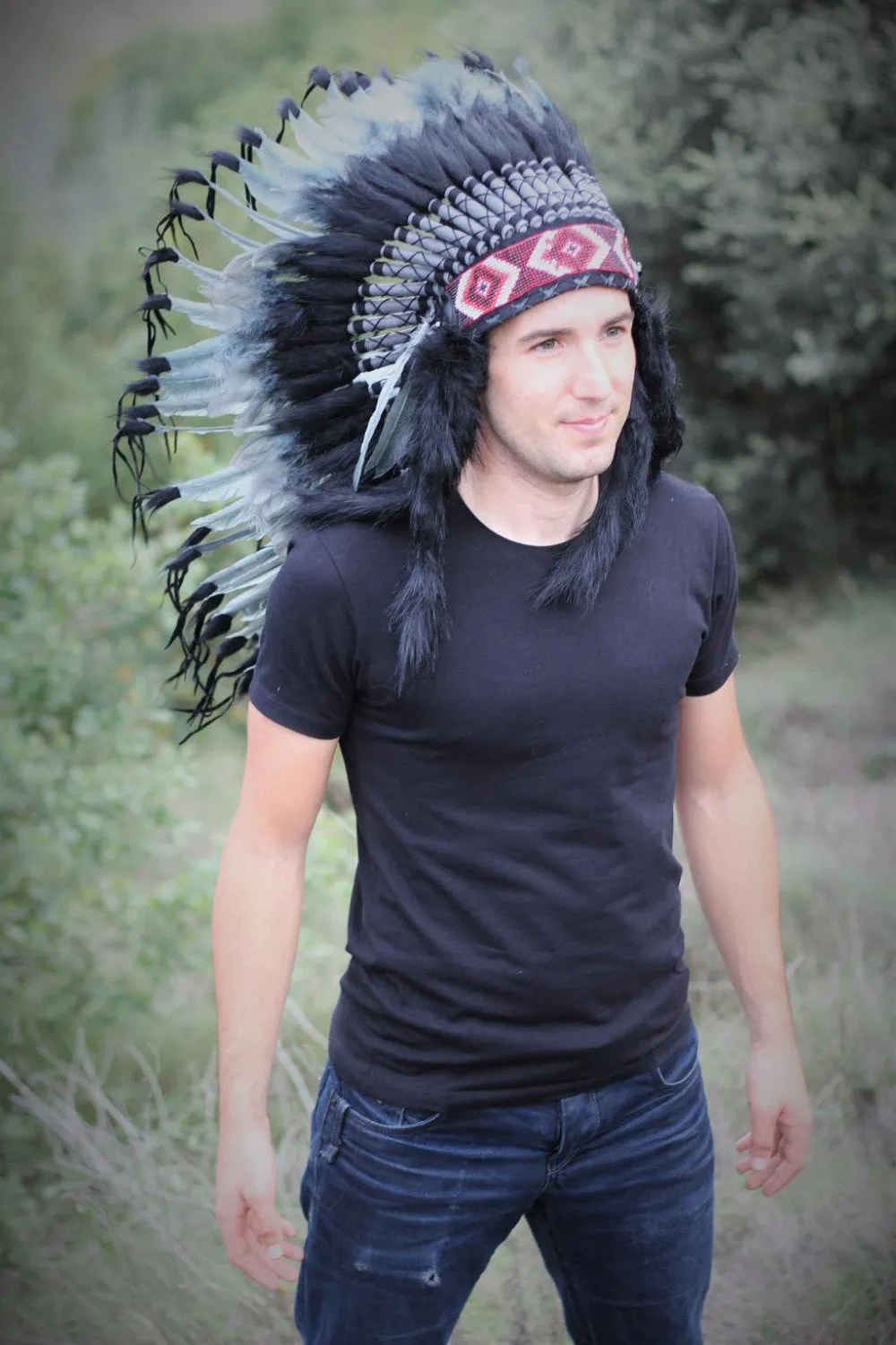 PRICE REDUCED N74- Medium Grey Headdress, native american Style warbonnet