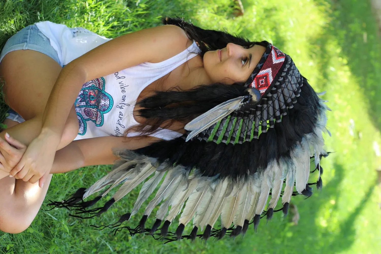 PRICE REDUCED N74- Medium Grey Headdress, native american Style warbonnet