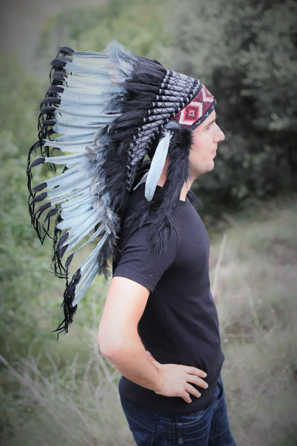 PRICE REDUCED N74- Medium Grey Headdress, native american Style warbonnet