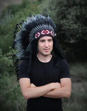 PRICE REDUCED N74- Medium Grey Headdress, native american Style warbonnet