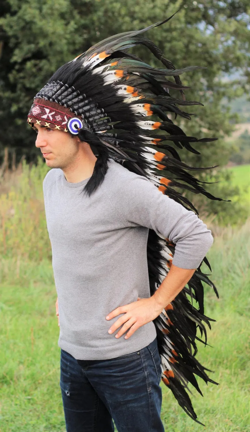 PRICE REDUCED Z16 Extra Large Brown colors Feather Headdress (43 inch long )