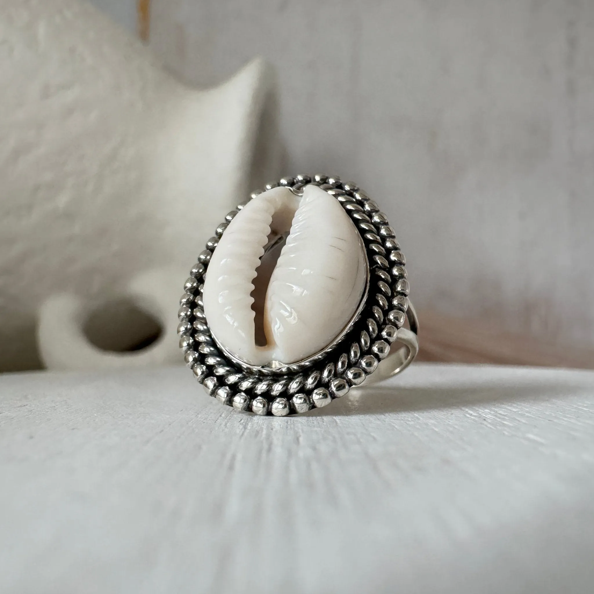 Puka Shell Bezel Ring - Large and Real Shell - Sterling Silver