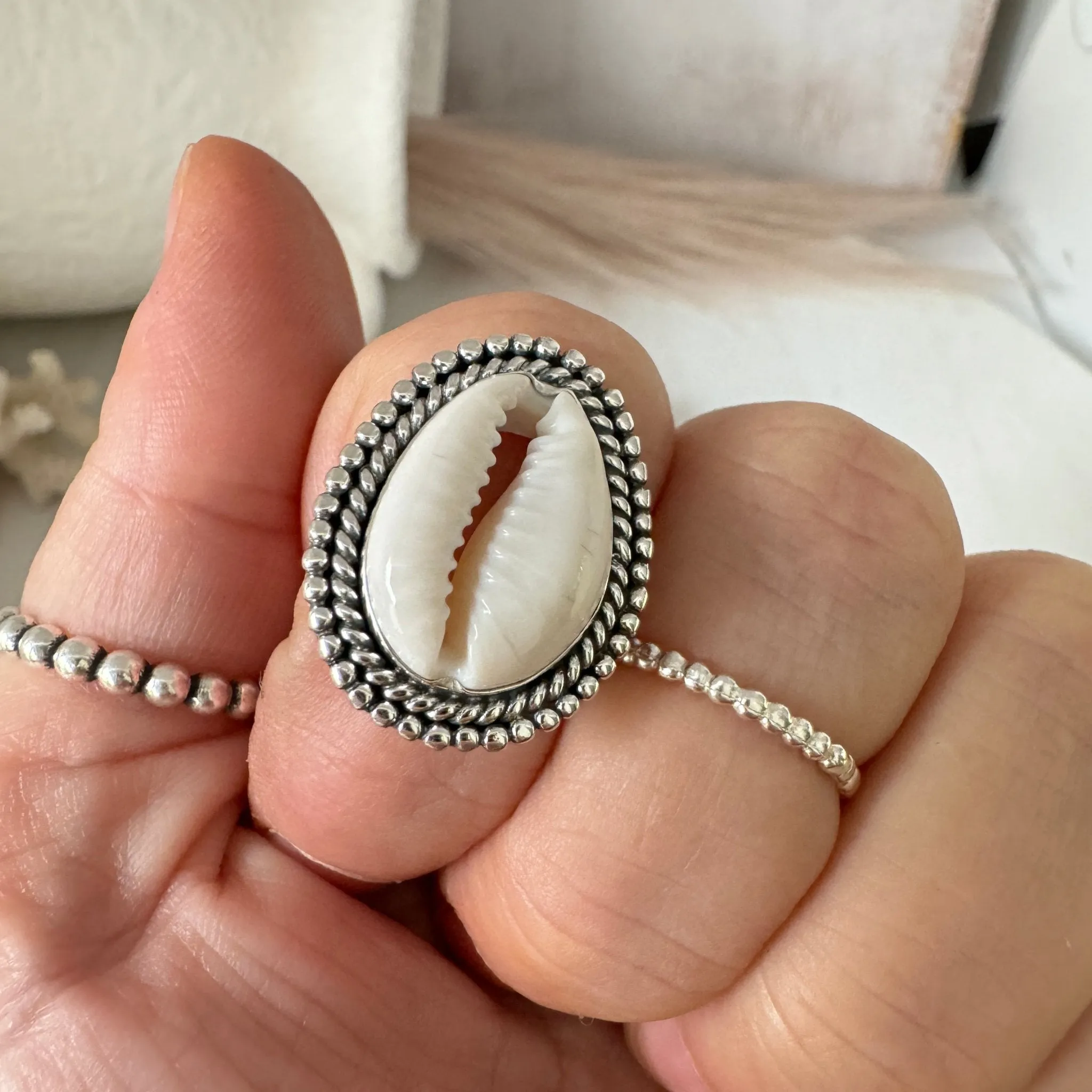 Puka Shell Bezel Ring - Large and Real Shell - Sterling Silver