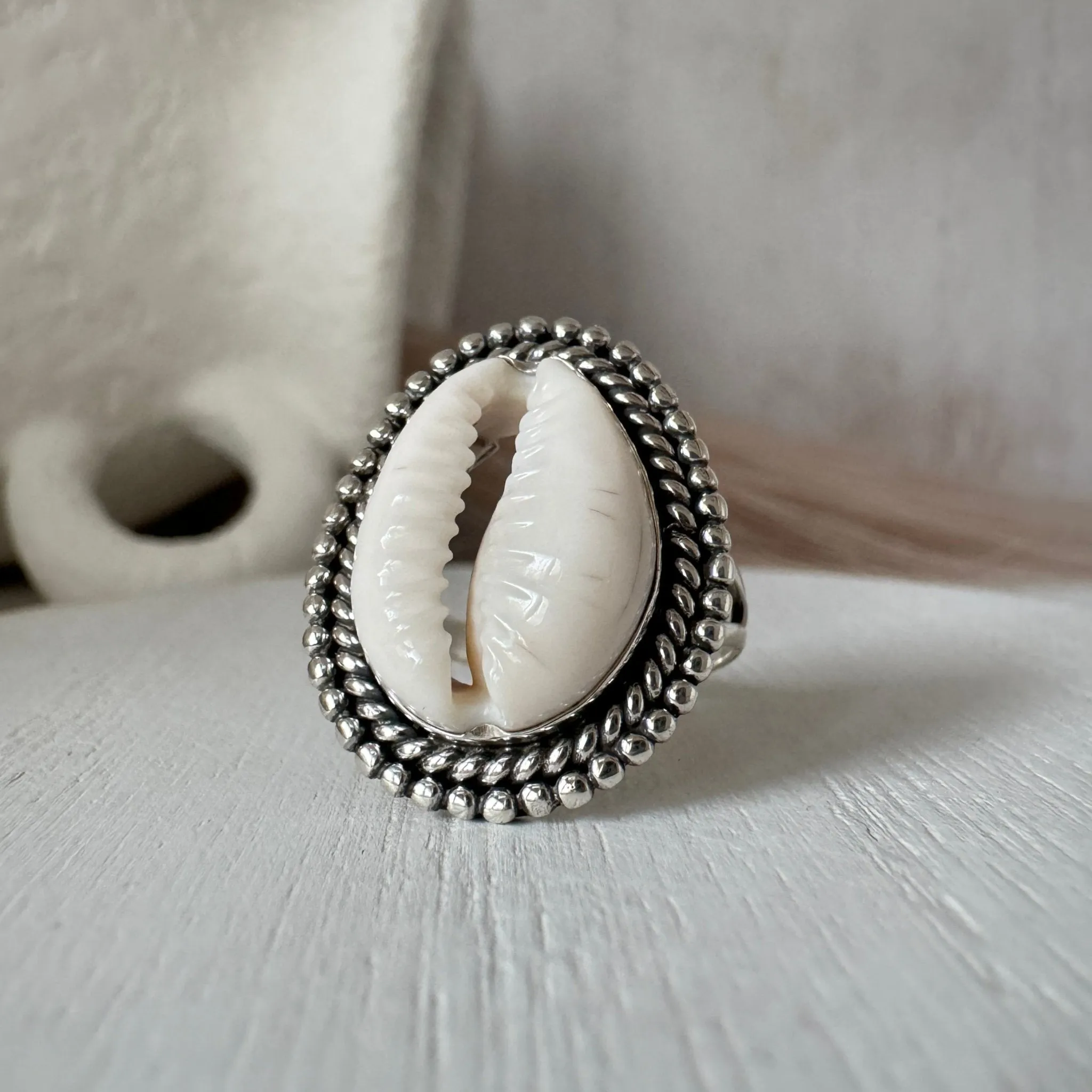 Puka Shell Bezel Ring - Large and Real Shell - Sterling Silver