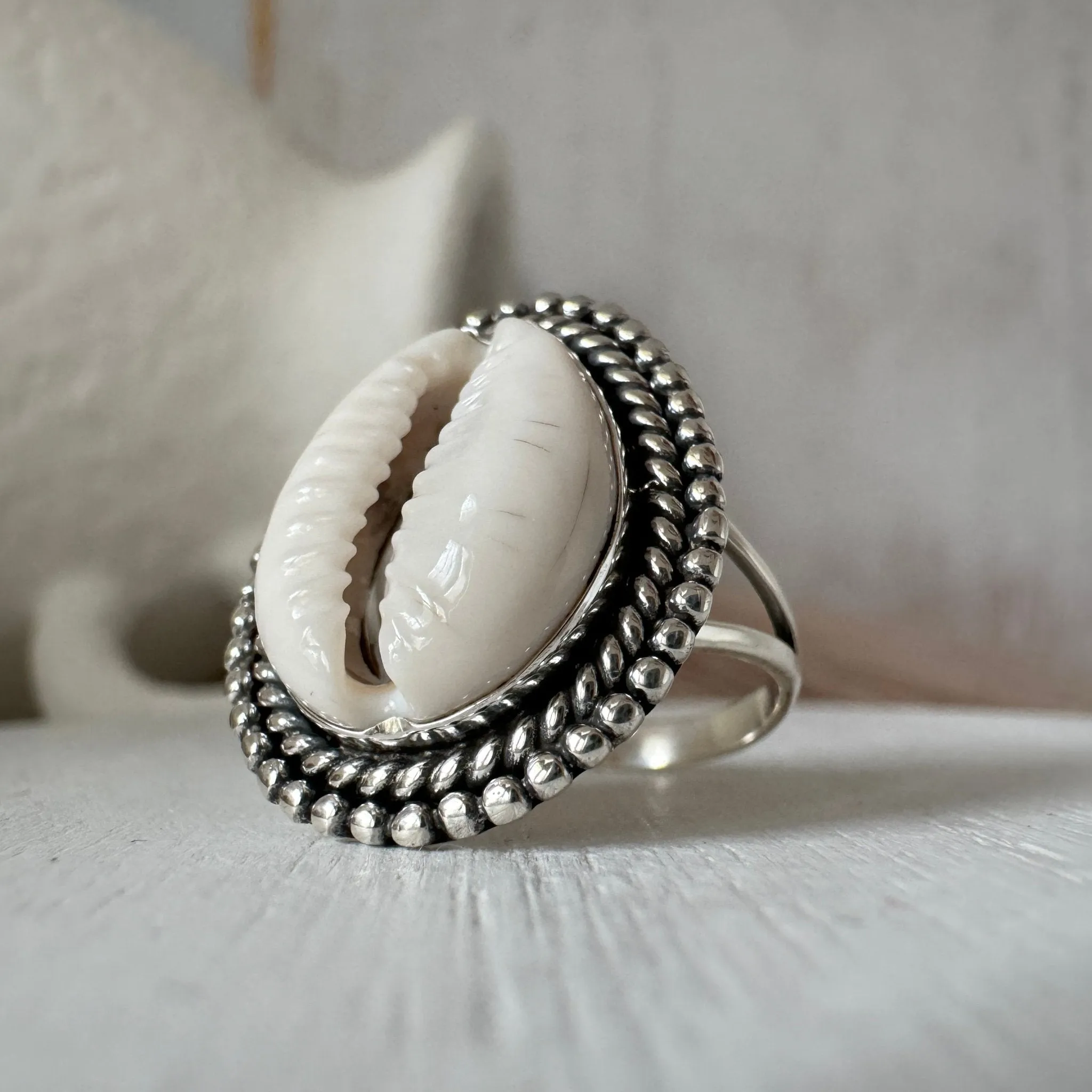 Puka Shell Bezel Ring - Large and Real Shell - Sterling Silver