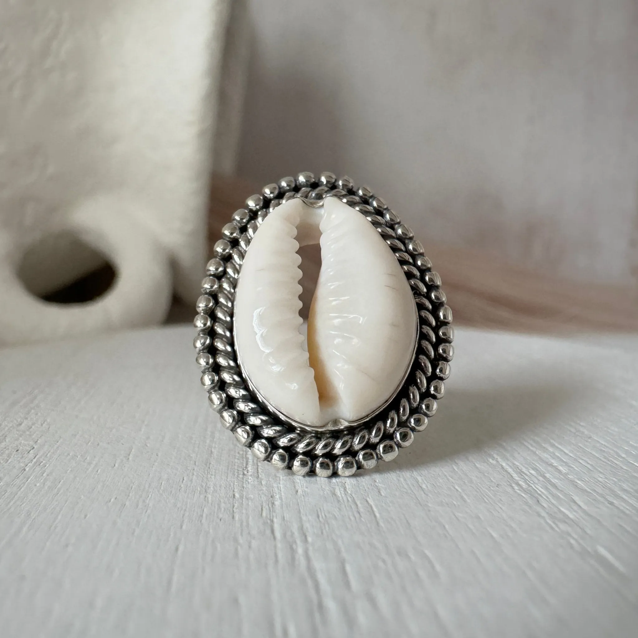 Puka Shell Bezel Ring - Large and Real Shell - Sterling Silver
