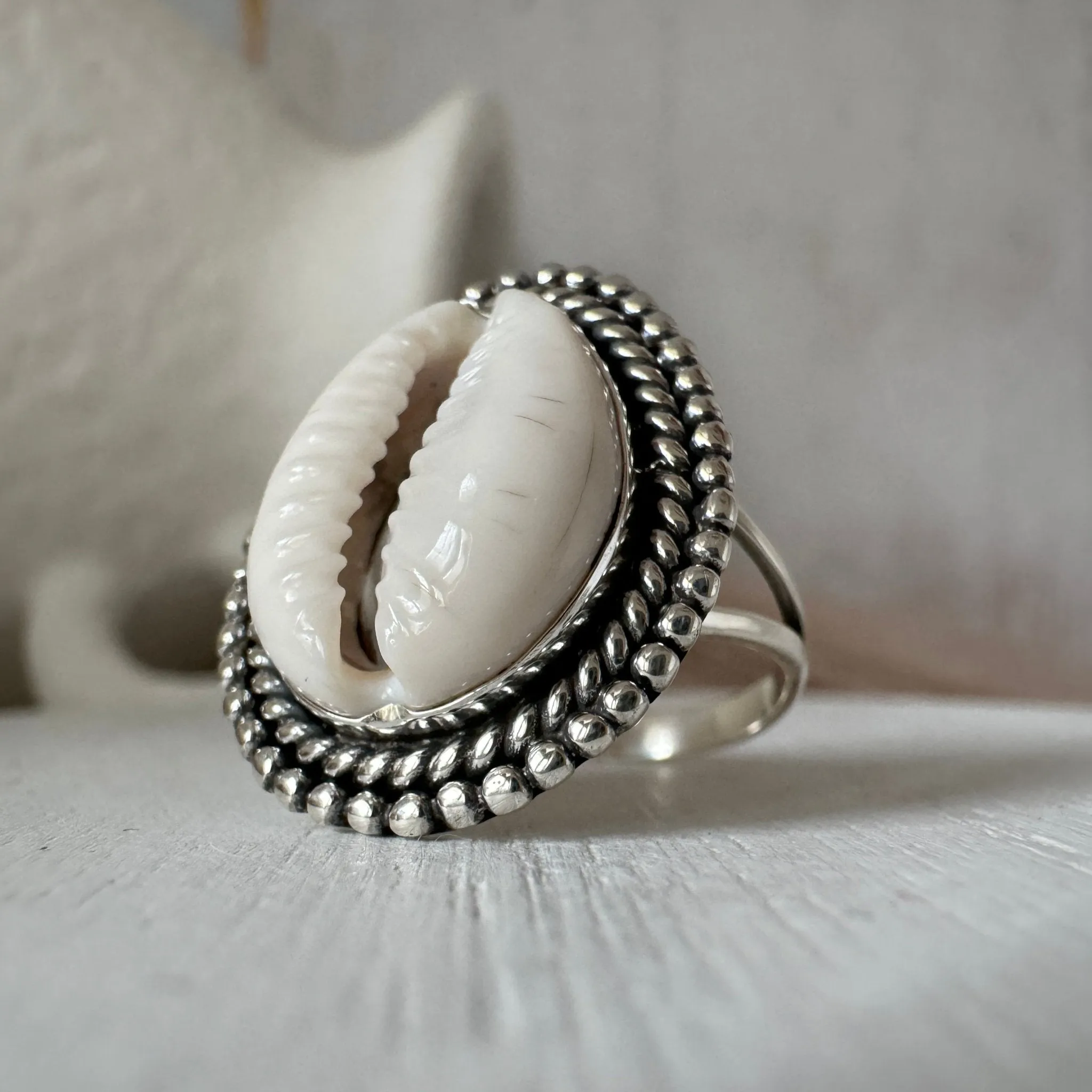 Puka Shell Bezel Ring - Large and Real Shell - Sterling Silver