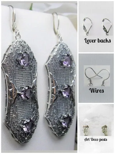 Purple Amethyst Earrings, Triple Gems, Edwardian Jewelry E42