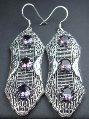 Purple Amethyst Earrings, Triple Gems, Edwardian Jewelry E42