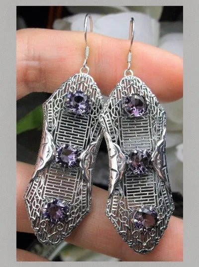 Purple Amethyst Earrings, Triple Gems, Edwardian Jewelry E42