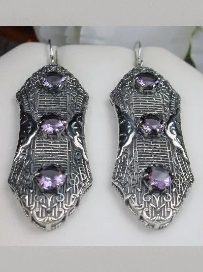 Purple Amethyst Earrings, Triple Gems, Edwardian Jewelry E42