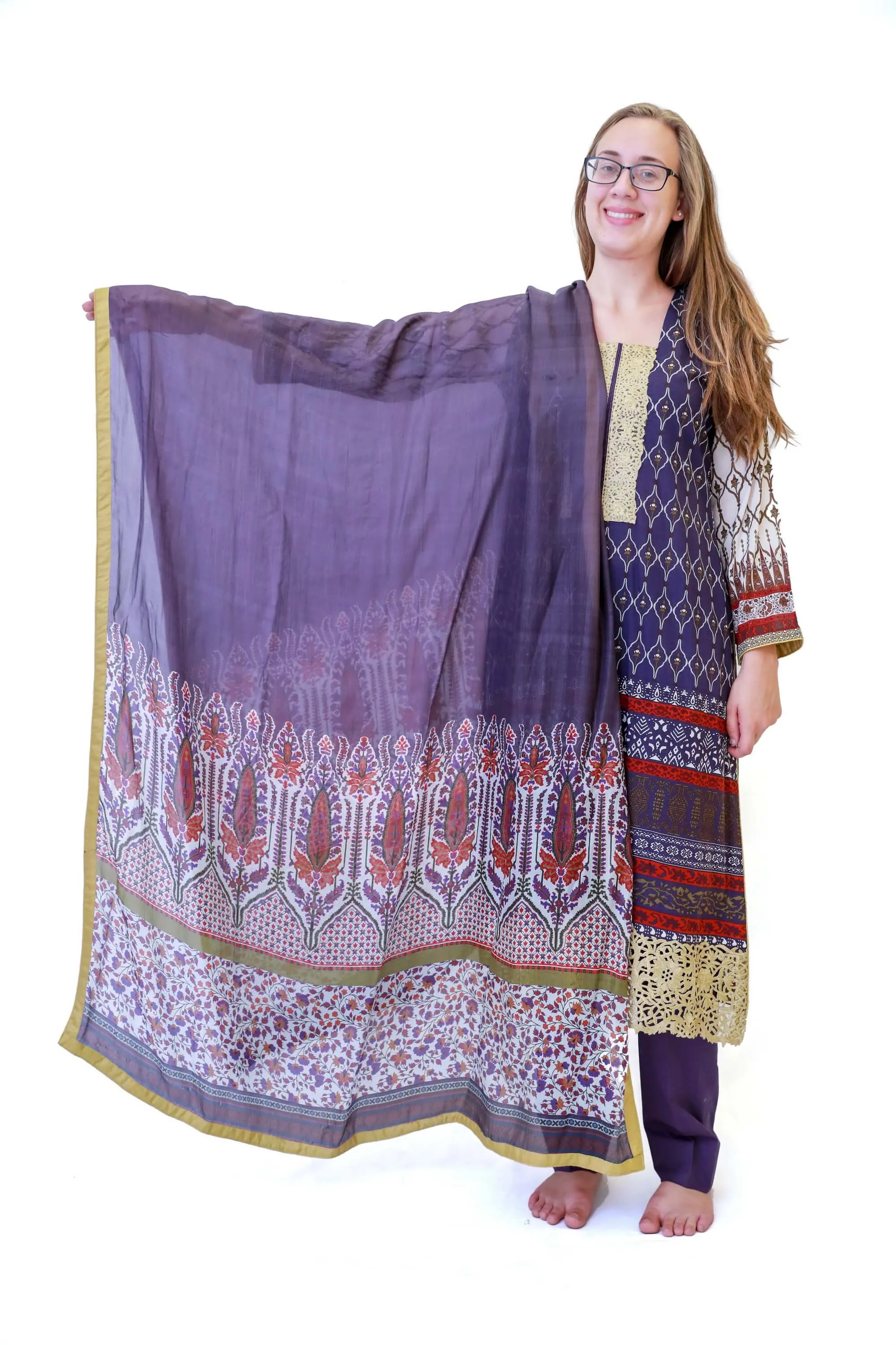 Purple & Beige Cotton Salwar Kameez - Suit