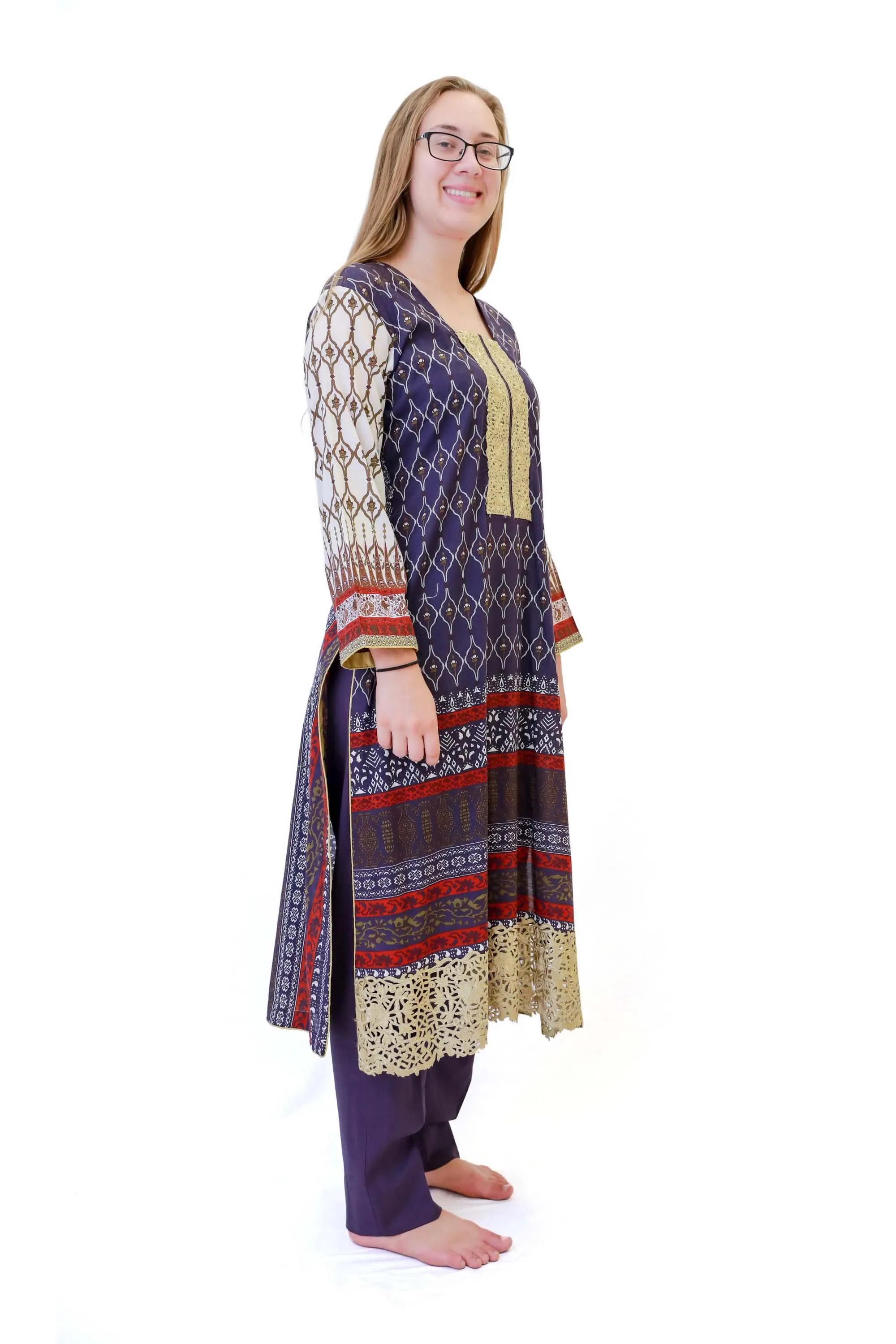 Purple & Beige Cotton Salwar Kameez - Suit