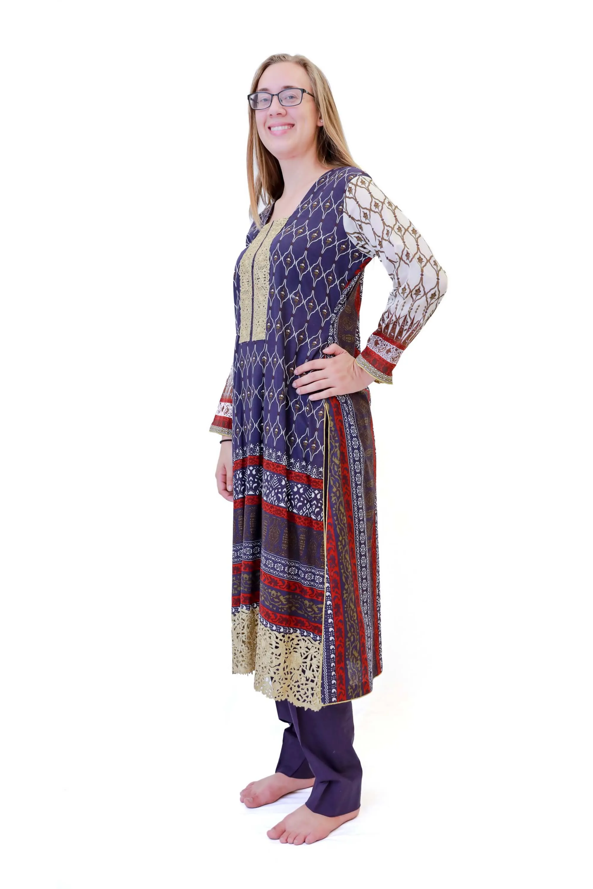 Purple & Beige Cotton Salwar Kameez - Suit