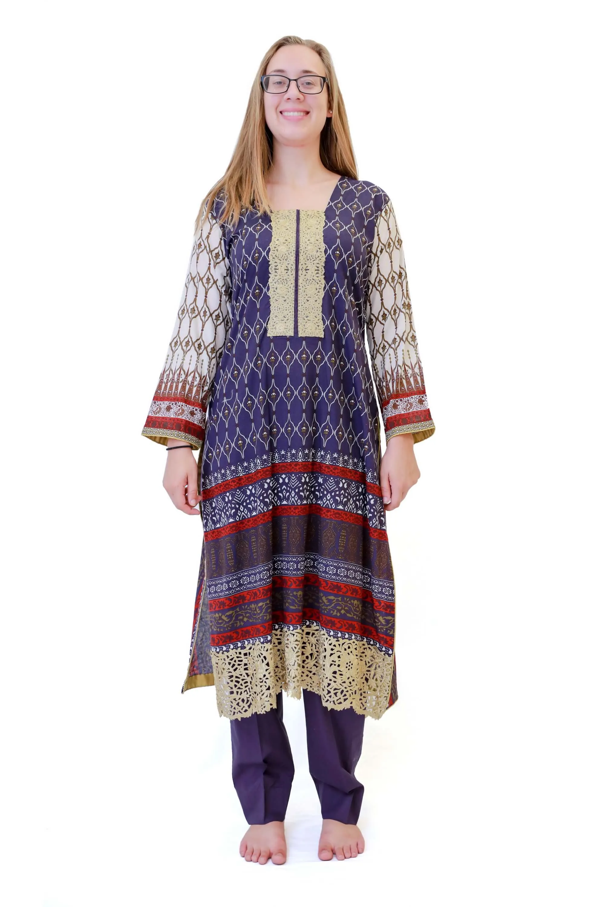 Purple & Beige Cotton Salwar Kameez - Suit
